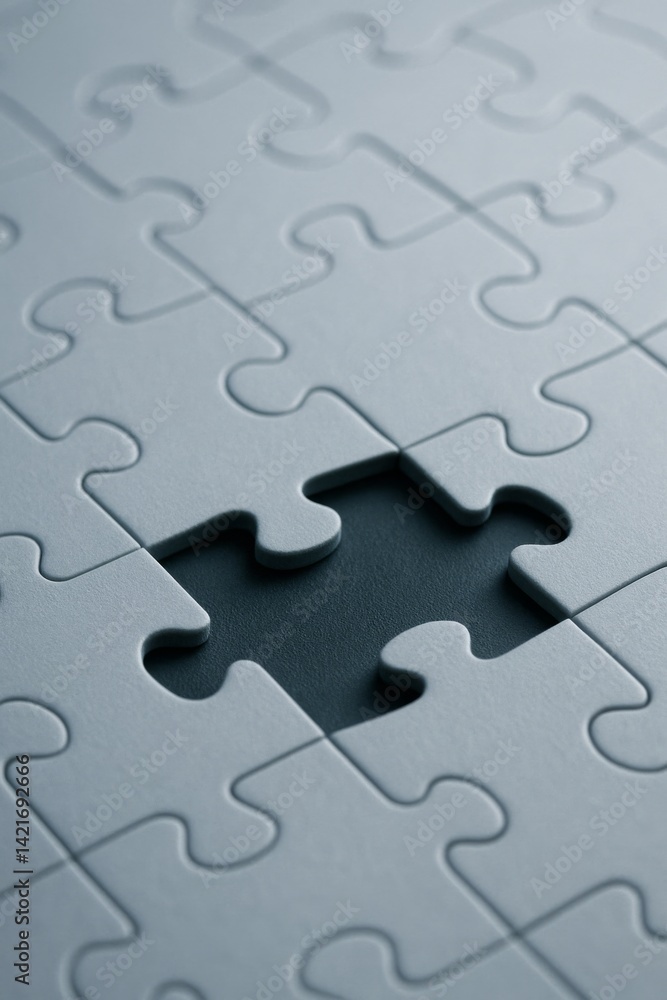 A close-up of a jigsaw puzzle with one piece missing in the center. A close-up of a jigsaw puzzle with one piece missing in the center.