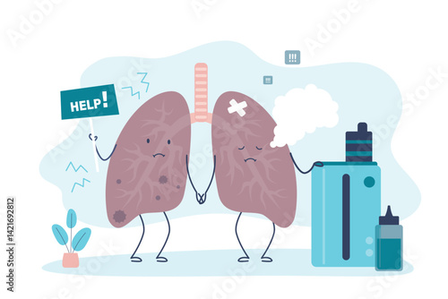 Vaping leads to lung disease, cancer. Lungs mascot holding e-cigarette or vape device. Internal organ need medical help. Lungs disease from smoking and vaping