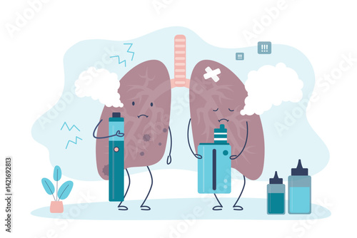Vaping leads to lung disease, cancer. Lungs mascot holding e-cigarette or vape device. Lungs disease from smoking and vaping, concept. Medical banner.