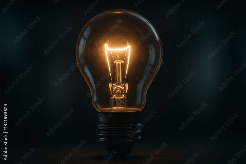 A glowing incandescent light bulb against a dark cinematic background. A glowing incandescent light bulb against a dark cinematic background.