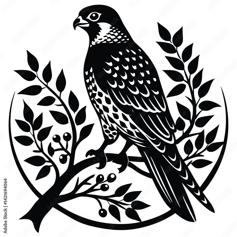 Black and White Falcon Illustration: Bird of Prey Perched on Branch with Leaves, Detailed Vector Graphic, Wildlife Art Print Black and White Falcon Illustration: Bird of Prey Perched on Branch with Leaves, Detailed Vector Graphic, Wildlife Art Print