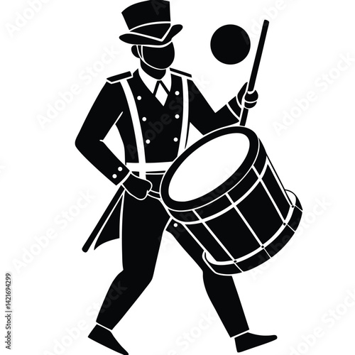 Marching Band Drummer Illustration: Black and White Vector Graphic of a Musician with Drum and Top Hat for Music Projects