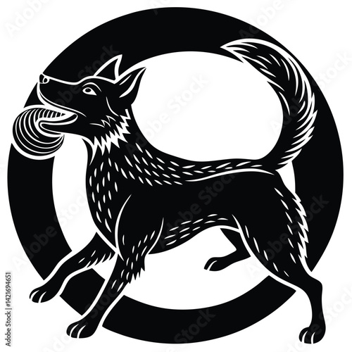 Black & White Dog Silhouette with Ball in Mouth Graphic: Vector Illustration of Canine Pet Animal in Circle Frame for Design Projects