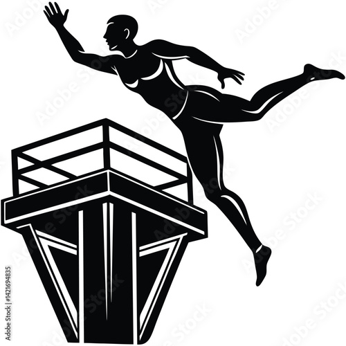 Diver Leaping from Diving Board Silhouette: High Dive, Competitive Swimming, Sports Illustration, Black and White Vector Graphic