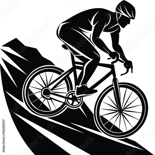 Mountain Biker Silhouette Vector: Cyclist Riding Downhill on Mountain Bike, Extreme Sport, Graphic Illustration, Black and White Art