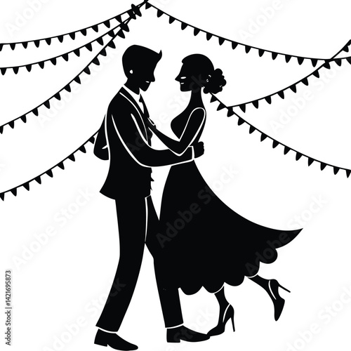 Elegant Silhouette of Dancing Couple Under String Lights: Wedding Celebration
