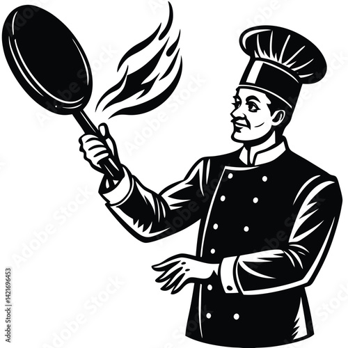 Chef Tossing Food in Frying Pan Black and White Vector Illustration - Culinary Arts, Cooking, Restaurant Icon, Food Preparation