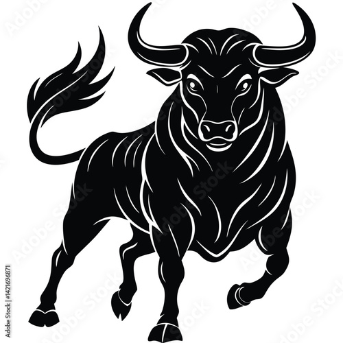 Black Bull Vector Illustration: Powerful Taurus Zodiac Sign, Strong Animal Graphic, Detailed Silhouette Art, Stock Image