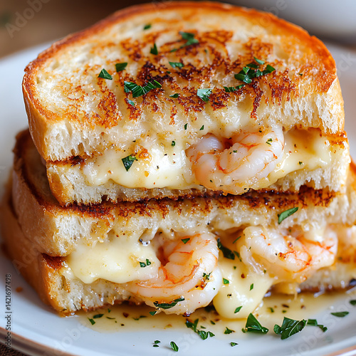 Delicious grilled shrimp and cheese sandwich with melted cheese and fresh herbs
