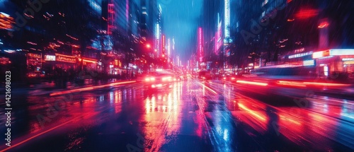 Neon City Nightscape: A vibrant, rain-slicked urban scene at night, awash in neon lights and the motion blur of city traffic.