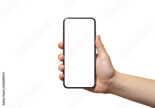 Hand holding modern smartphone with blank screen isolated on white. Great for mobile apps, technology, communication, display, UI, and digital concepts.

