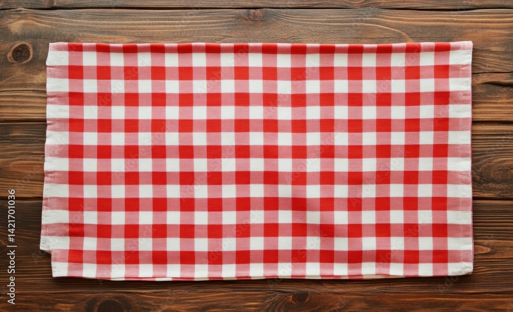 Charming Red and White Checkered Tablecloth on Wooden Table Charming Red and White Checkered Tablecloth on Wooden Table
