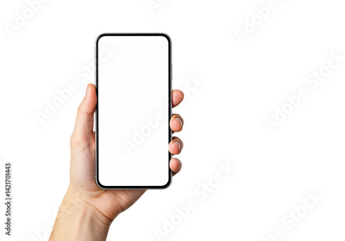 Hand holding modern smartphone with blank screen isolated on white. Great for mobile apps, technology, communication, display, UI, and digital concepts.

