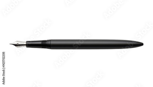 Isolated matte black fountain pen with silver nib top view on transparent PNG for elegant stationery packaging