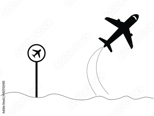 Flight Tracking Icon – Airplane with Dotted Route and Pin Sign in Flat Style