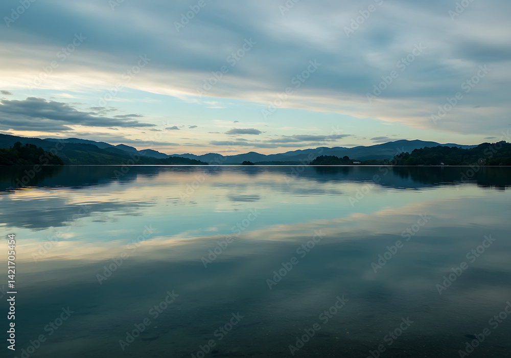 Fototapeta premium Serene Lake Reflection at Dawn: Calm Water, Misty Sky