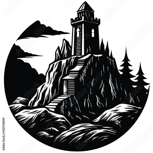 Black and White Tower on Hill Illustration: Woodcut Style Fantasy Landscape with Stairs, Rocks, and Trees - Circular Design