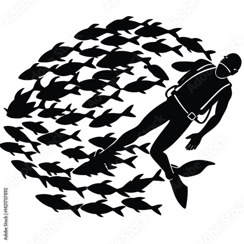 Scuba Diver Surrounded by School of Fish Silhouette Vector Art: Underwater Adventure, Marine Life, Ocean Exploration Graphic Illustration