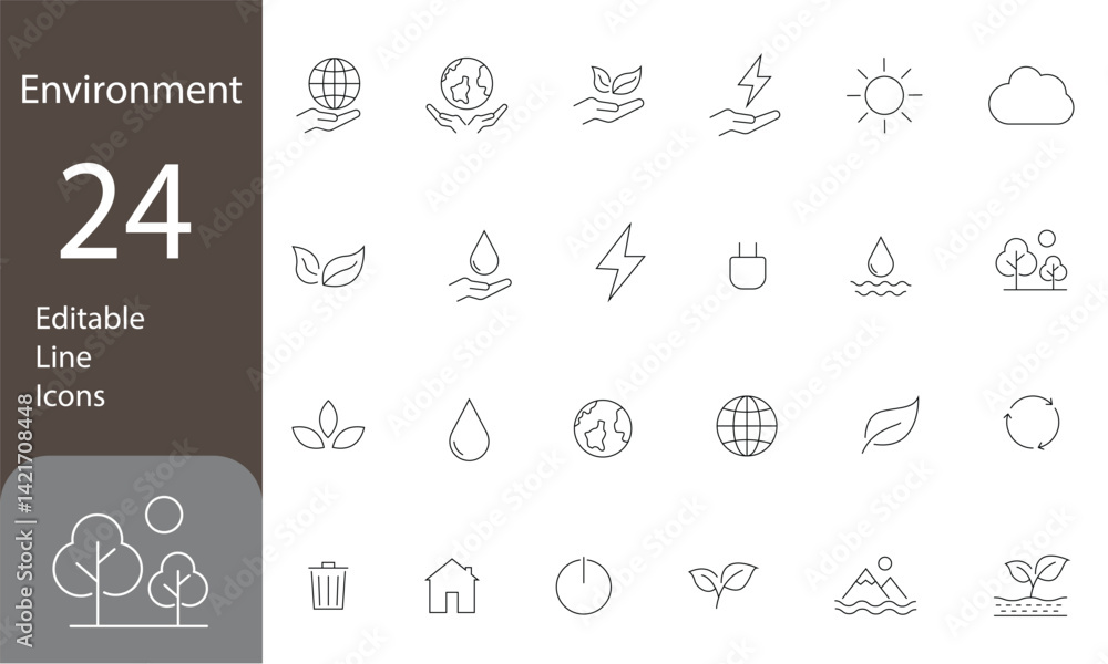 Fototapeta premium Environment Editable Line Icons set. plant, nature, eco, earth, green energy, trees, ecology and more. Vector illustration