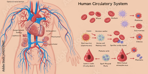 Vector Diagram of Human Circulatory System for Kids with Heart and Blood Cells