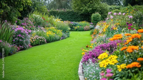 Fototapeta na wymiar A lush green garden with colorful flowers and butterflies fluttering around, symbolizing the beauty of life and happiness, with ample space for marketing copy
