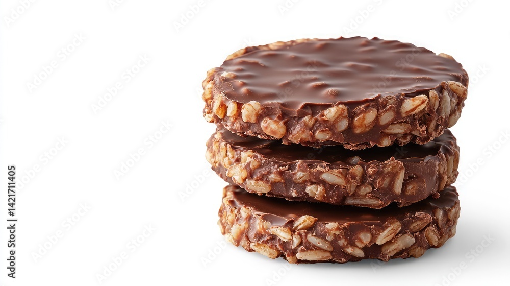 A neat stack of chocolate-covered rice cakes placed on a clean white background, leaving space for product text or branding A neat stack of chocolate-covered rice cakes placed on a clean white background, leaving space for product text or branding