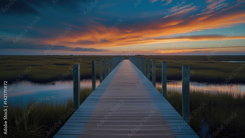 Obraz premium Boardwalk at Coastal Marsh with Dark Orange and Blue Sunset in a Tranquil Macro Composition