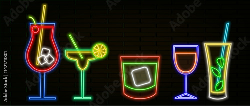 Collection of cocktails styled with neon lights. Set of colorful neon cocktails. Cocktail neon sign in glowing glass.