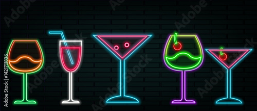 Neon icon of umbrella cocktail. Cherry cocktail on neon sign. neon drinks.Neon icon of lemonade
