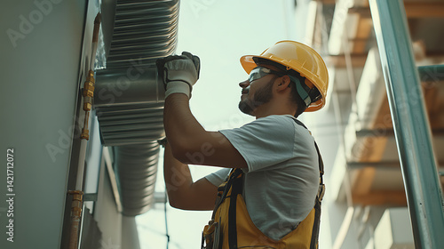 Obraz na płótnie Construction Worker Installing HVAC System w salonie