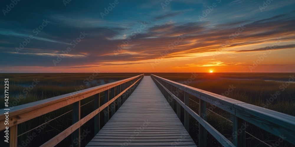 Fototapeta premium Boardwalk at Coastal Marsh with Dark Orange and Blue Sunset in a Tranquil Macro Composition