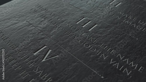 A slow close up pan across a stone tablet with the first five of the ten commandments inscribed onto them