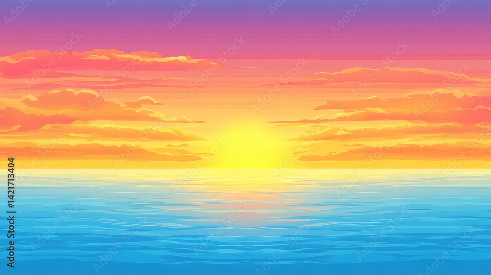 Fototapeta premium A vibrant sunset over the ocean with golden hues reflecting on the water, symbolizing the peaceful and happy moments of life, with open space for text or branding