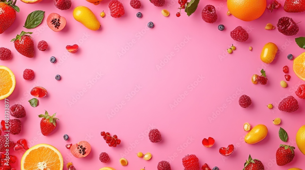 Bright colored fruits scattered on a pink pastel background with clear area in the middle for copy Bright colored fruits scattered on a pink pastel background with clear area in the middle for copy