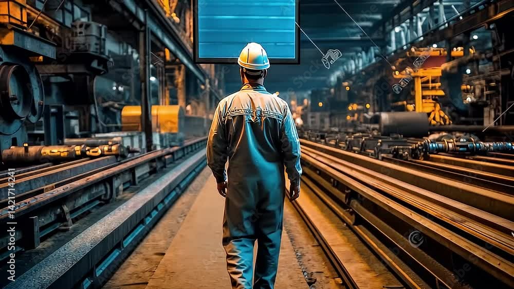 Male Worker Walking Towards Lit Screen Inside Industrial Factory Facility with Metallic Equipment Male Worker Walking Towards Lit Screen Inside Industrial Factory Facility with Metallic Equipment