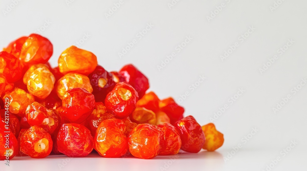 Close-up of tomato-flavored popcorn placed on a white surface, with ample room on the left for product branding or text Close-up of tomato-flavored popcorn placed on a white surface, with ample room on the left for product branding or text