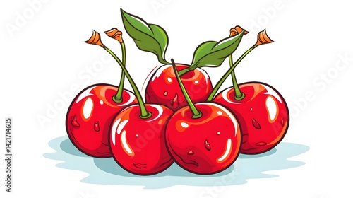 Illustration of freehand drawn retro cartoon flaming cherries on a white background