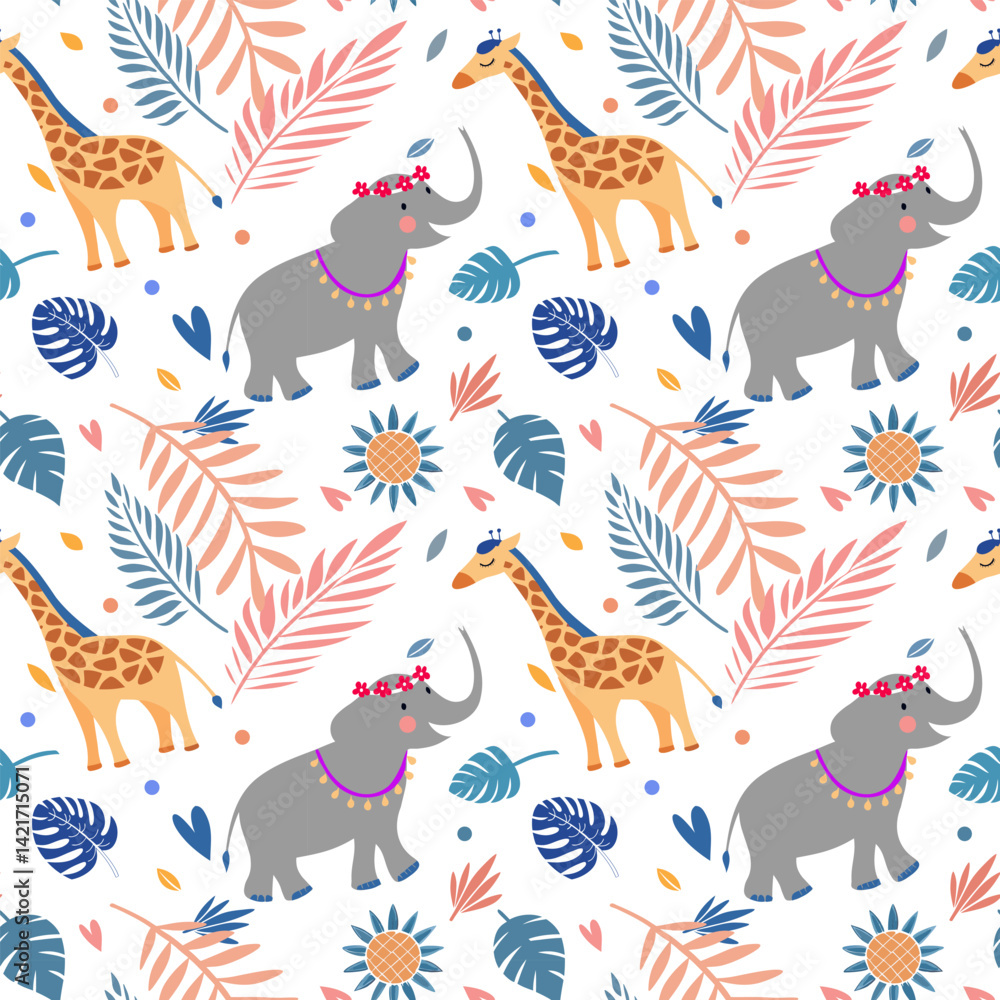 seamless pattern Whimsical summer boho pattern of elephants and giraffes, mixed with palm leaves, sunbursts seamless pattern Whimsical summer boho pattern of elephants and giraffes, mixed with palm leaves, sunbursts