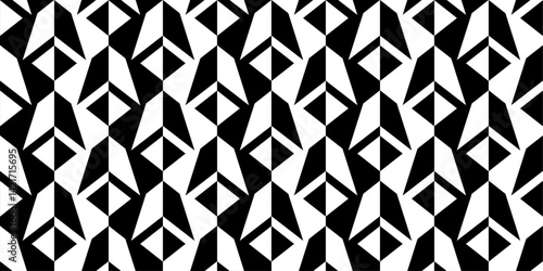 showcases a seamless pattern composed of black and white triangles arranged in a repeating, geometric design. The triangles are interlocked, creating a sense of depth and movement.