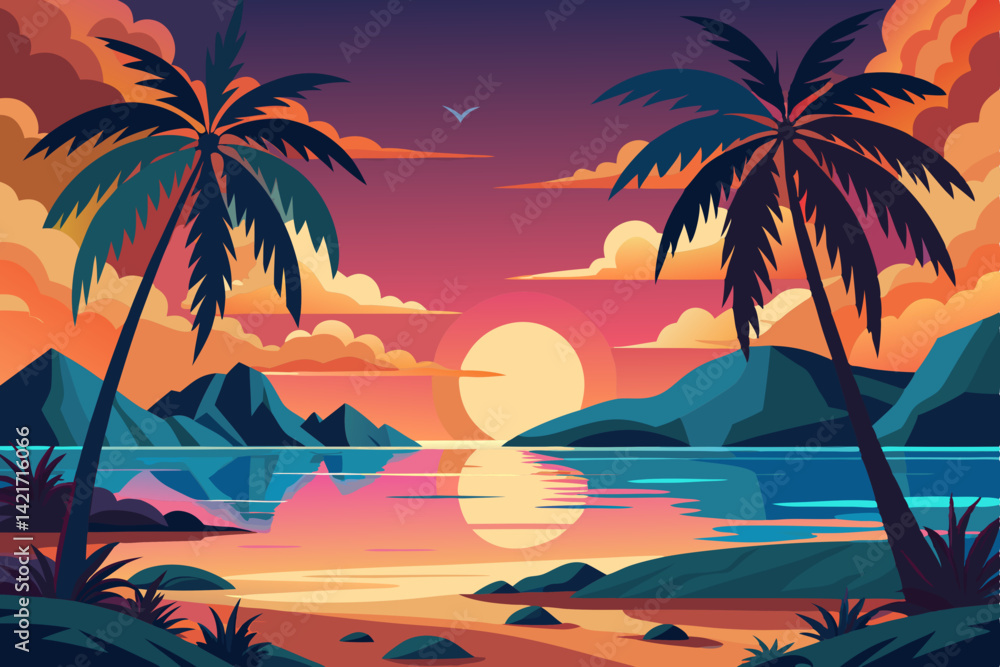Tropical Sunset Paradise Vector – Palm Trees, Beach, and Tranquil Water Scene Illustration Tropical Sunset Paradise Vector – Palm Trees, Beach, and Tranquil Water Scene Illustration