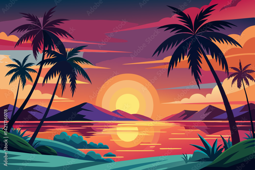 Tropical Sunset Paradise Vector – Palm Trees, Beach, and Tranquil Water Scene Illustration Tropical Sunset Paradise Vector – Palm Trees, Beach, and Tranquil Water Scene Illustration