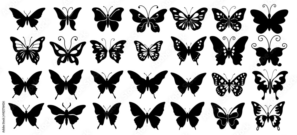 Fototapeta premium Black Butterfly Silhouettes Collection Vector Art Design Set