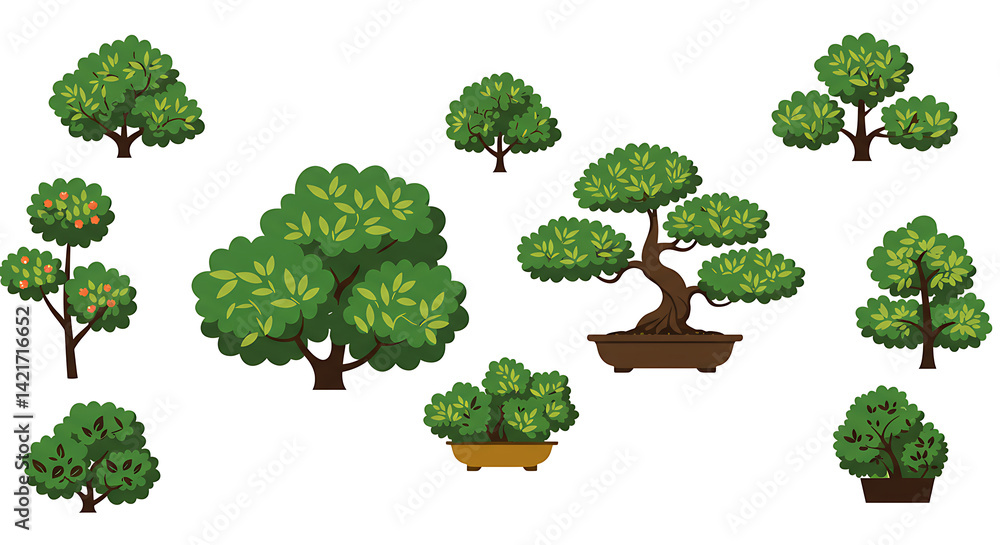 Fototapeta premium Collection of Diverse Tree Illustrations Bonsai, Fruit Trees, and Lush Foliage