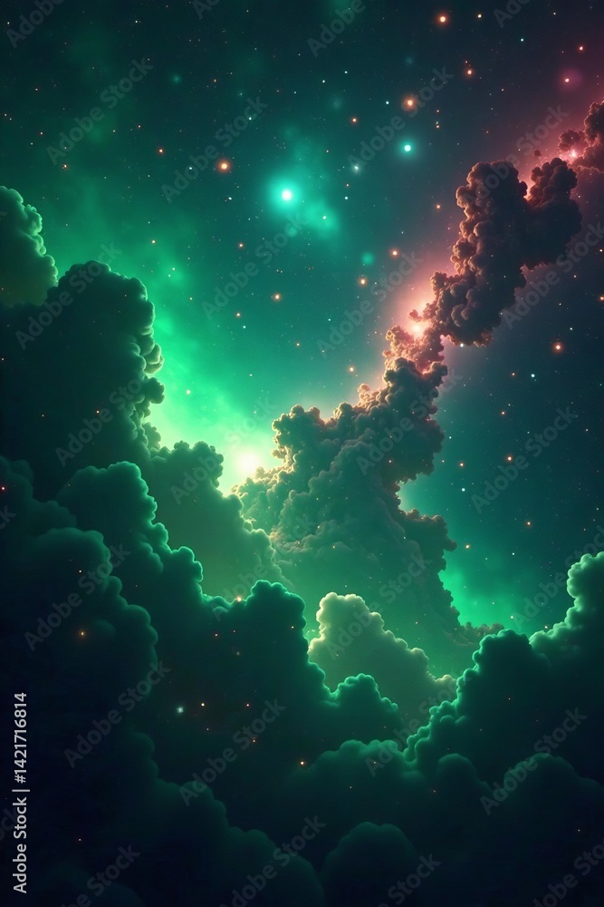 Fototapeta premium Vibrant green galaxy with colorful stars and nebulae, space, universe, galaxy