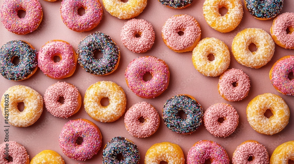 Top view of baked doughnuts arranged neatly on a tray with plenty of space on the sides