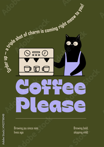 Cat Barista Making Coffee at Machine Poster Illustration