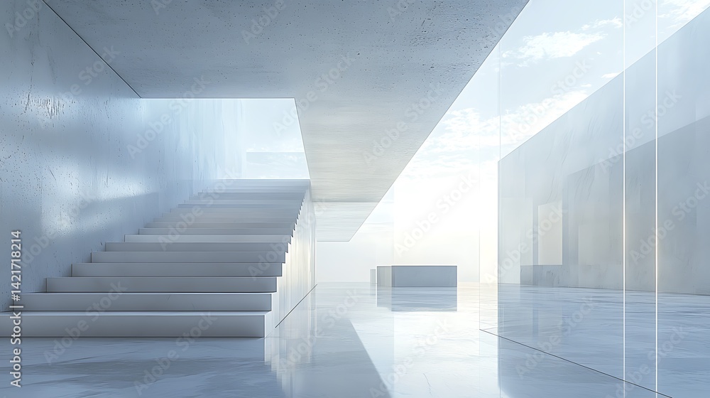 Obraz premium Modern Minimalist Architecture White Staircase Glass Walls Concrete Design Interior Space