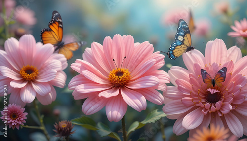Fototapeta Naklejka Na Ścianę i Meble -  Pink flowers with vibrant butterflies in a sunlit garden