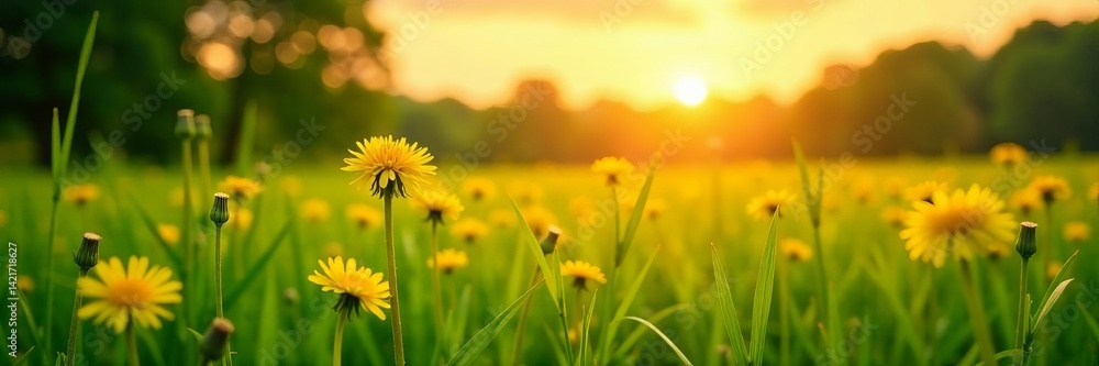 Fototapeta premium Vibrant green meadow with dandelions at golden sunset, sunset, flowers