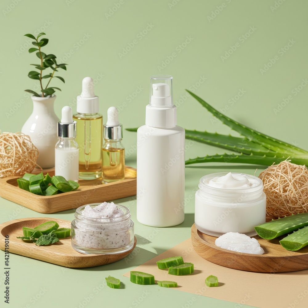 fresh and clean skincare product arrangement features a variety of skincare essentials such as a soothing cream, exfoliating scrub, and essential oils, complemented by aloe vera and natural textures fresh and clean skincare product arrangement features a variety of skincare essentials such as a soothing cream, exfoliating scrub, and essential oils, complemented by aloe vera and natural textures
